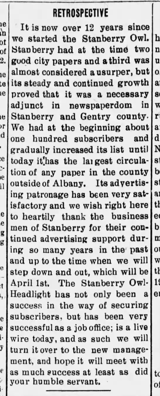 Long's Notice of New Ownership Mar 19, 1912 Owl-Headlight